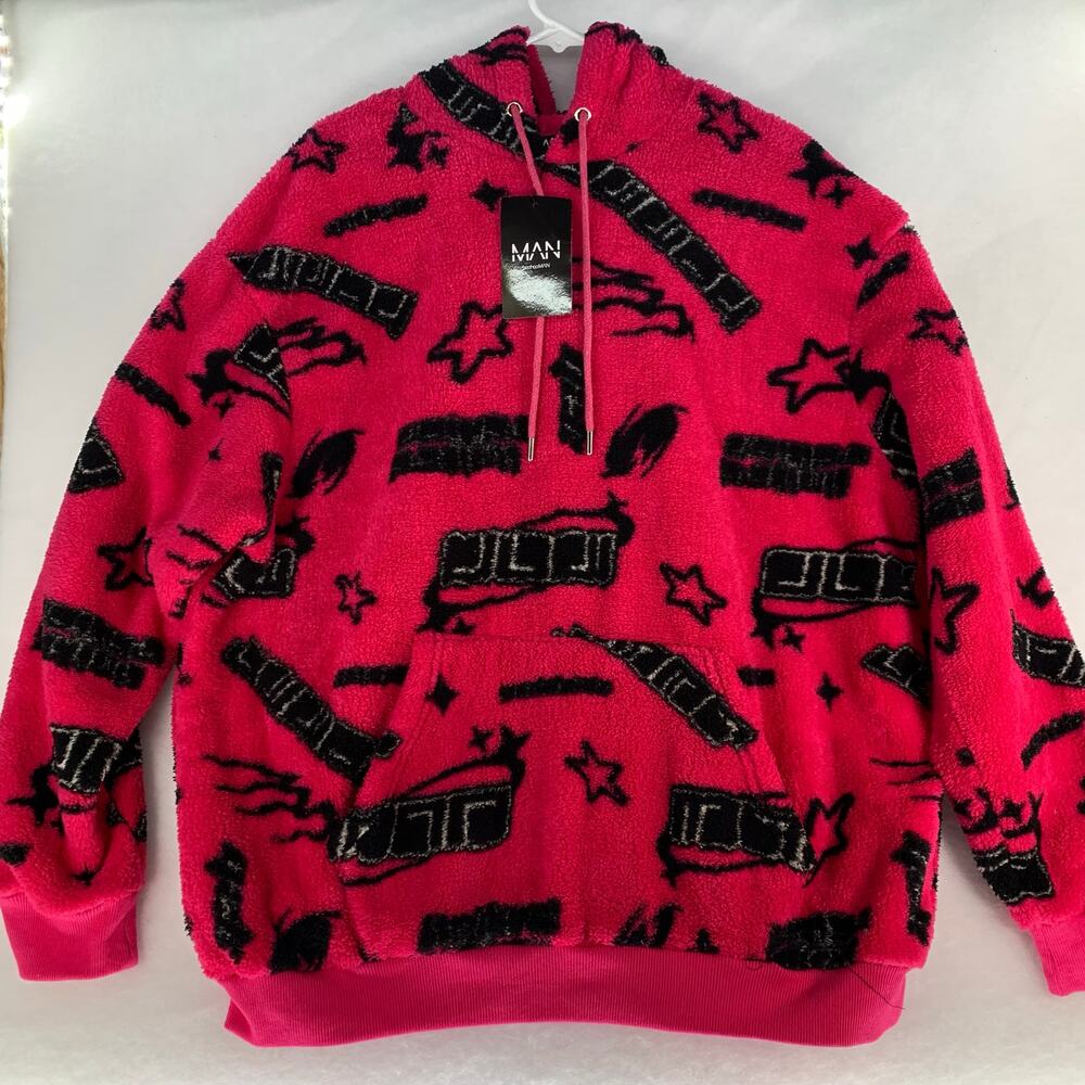 BoohooMan Borg Fleece Pink Pullover Hoodie Men’s Size XL
